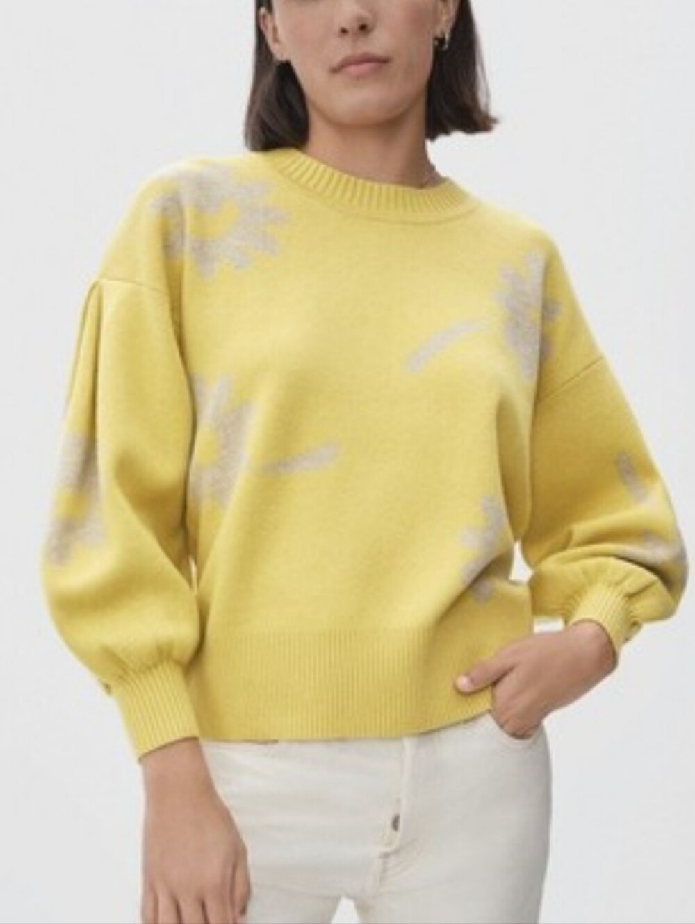 EVERLANE Women's Sweater Small Yellow Floral Wool Organic Cotton Puff Sleeve